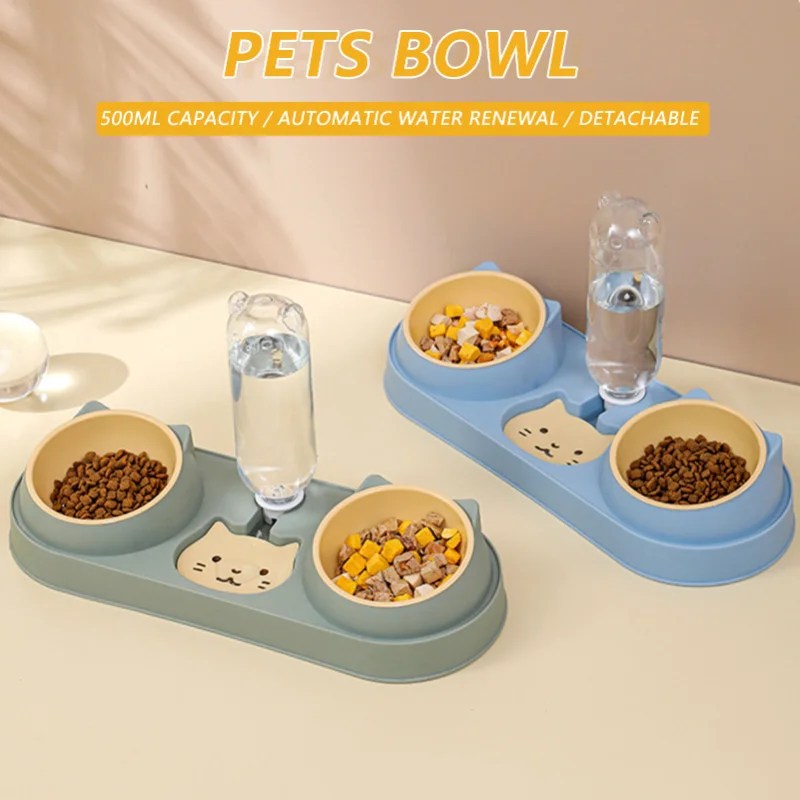 Pet kedi kase otomatik besleyici köpek maması kasesi ile su çeşmesi çift kase içme yükseltilmiş standı çanak kediler için çanaklar