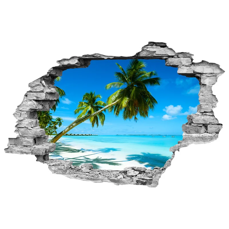 Plaj palmiye ağacı sahne 3D kırık duvar vinil duvar çıkartmaları ev dekorasyon yaz deniz manzaralı yaratıcı Poster duvar kağıdı 90*60CM