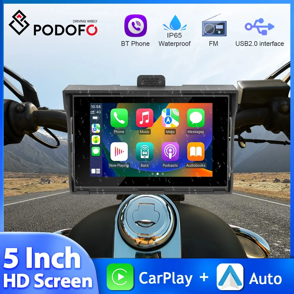 Podofo 5 ''motosiklet Carplay taşınabilir motosiklet monitör kablosuz Carplay Android oto IP65 su geçirmez GPS navigasyon oynatıcı