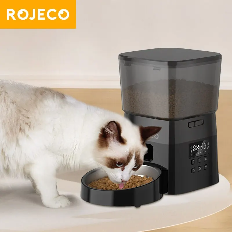 ROJECO otomatik evcil hayvan besleyici düğme sürüm otomatik kedi maması dağıtıcı aksesuarları akıllı kontrol kediler için Pet besleyici köpek kuru gıda