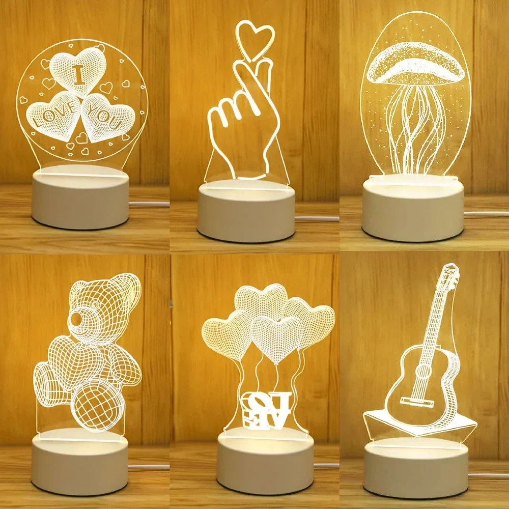 Romantik aşk 3D akrilik Led lamba ev çocuk gece lambası düğün dekorasyon doğum günü partisi sevgililer günü başucu lambası