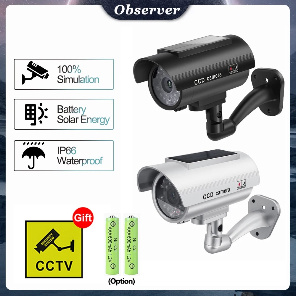 Sahte Kamera,Açık Güvenlik Güneş Paneli Kukla Kamera,Simülasyon Kapalı Su Geçirmez Bullet LED Işık Monitörü,Pil ile CCTV