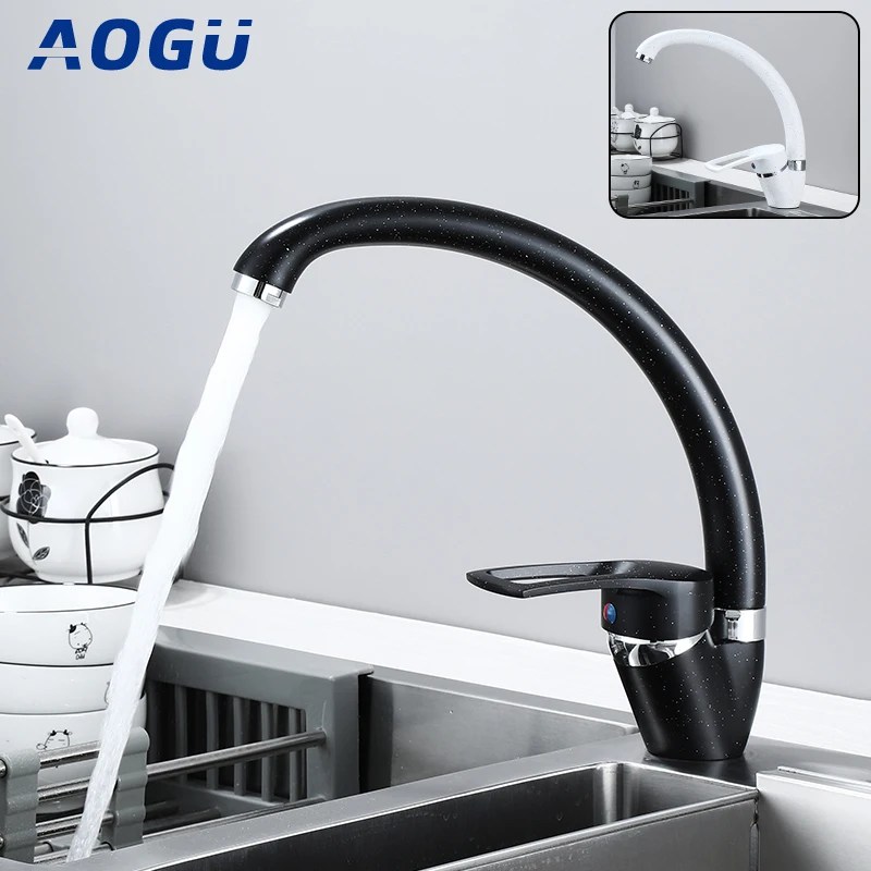 Siyah mutfak musluklar 360 ° Rotetion beyaz lavabo karıştırıcılar sıcak ve soğuk musluklar masa monte