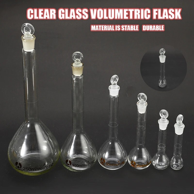 Stoper laboratuvar kimyası damıtılmış kiti ile stoper şeffaf cam hacimsel şişe cam ile Beaker 5-100ml laboratuvar