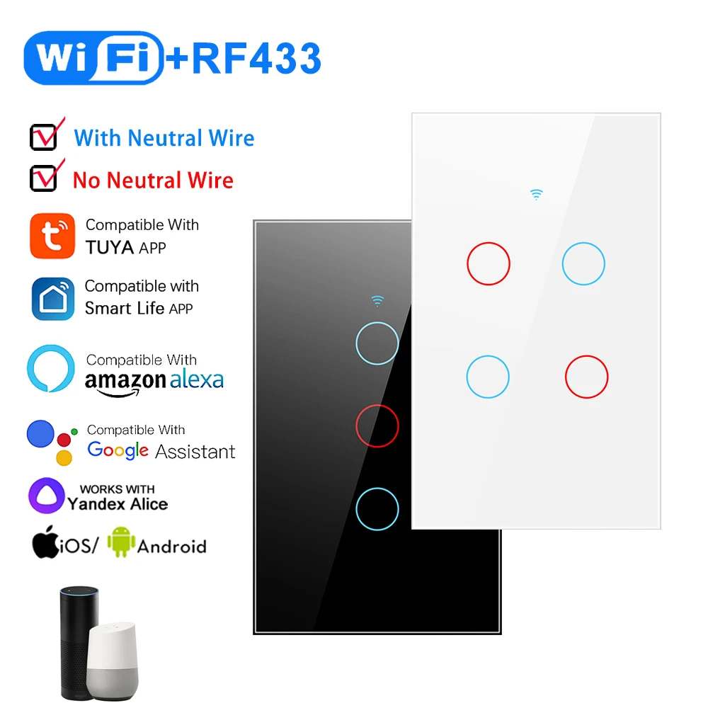 Tuya WiFi akıllı anahtarı ile bize/nötr tel olmadan 2 In 1 duvar dokunmatik Panel APP zamanlama ses kontrolü Via Alexa Google ev Alice