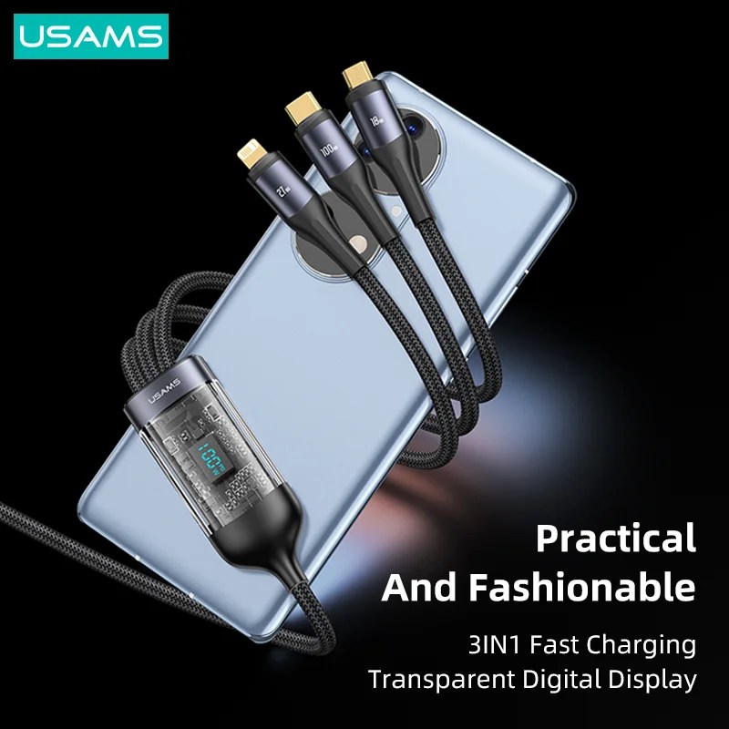 USAMS U83 100W 3 1 dijital ekran kablosu iPhone 14 13 12 11 iPad hızlı Chargng veri kablosu için Huawei OPPO Xiaomi Samsung - Görsel 2