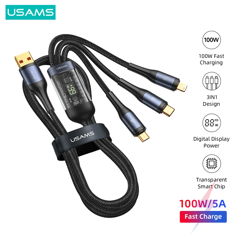 USAMS U83 100W 3 1 dijital ekran kablosu iPhone 14 13 12 11 iPad hızlı Chargng veri kablosu için Huawei OPPO Xiaomi Samsung