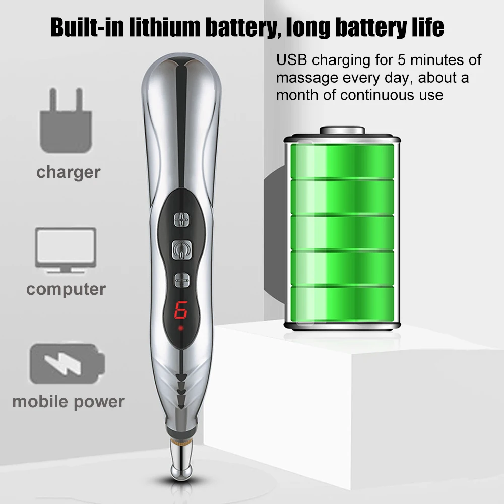 USB şarj edilebilir akupunktur kalem 5/3 kafa lazer meridyen enerji vücut yüz boyun bacak tedavisi için masaj kalemi masaj sağlık