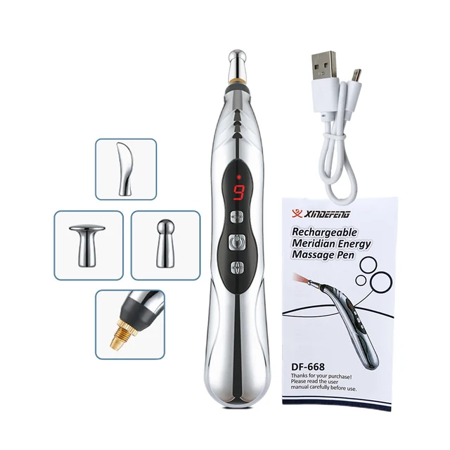 USB şarj edilebilir akupunktur kalem 5/3 kafa lazer meridyen enerji vücut yüz boyun bacak tedavisi için masaj kalemi masaj sağlık