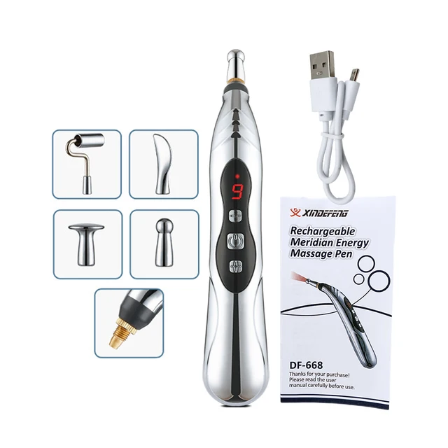 USB şarj edilebilir akupunktur kalem 5/3 kafa lazer meridyen enerji vücut yüz boyun bacak tedavisi için masaj kalemi masaj sağlık