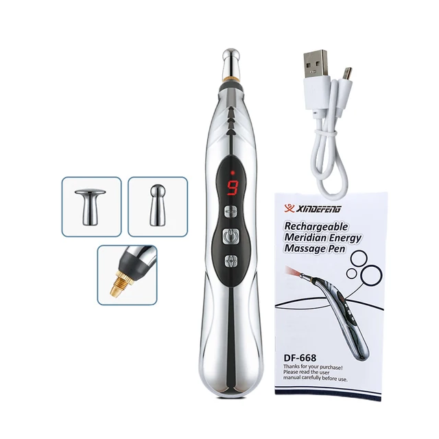 USB şarj edilebilir akupunktur kalem 5/3 kafa lazer meridyen enerji vücut yüz boyun bacak tedavisi için masaj kalemi masaj sağlık