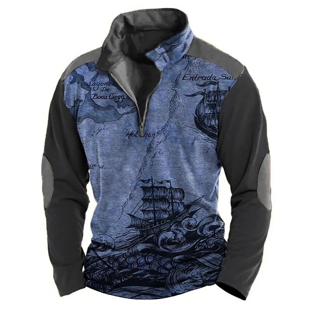 Vintage erkek Zip Hoodies 3d denizcilik baskılı kazak gevşek boy günlük rahat uzun kollu sokak tasarımcı kazak Tops - Görsel 3