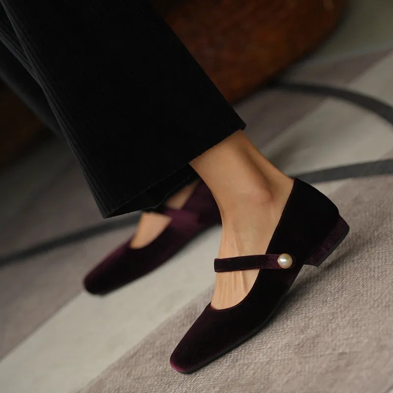 Vintage kadife daireler inci düğme kare ayak Mary Work yeşil kadife rahat ayakkabılar kadın konfor loafer ayakkabılar iş için
