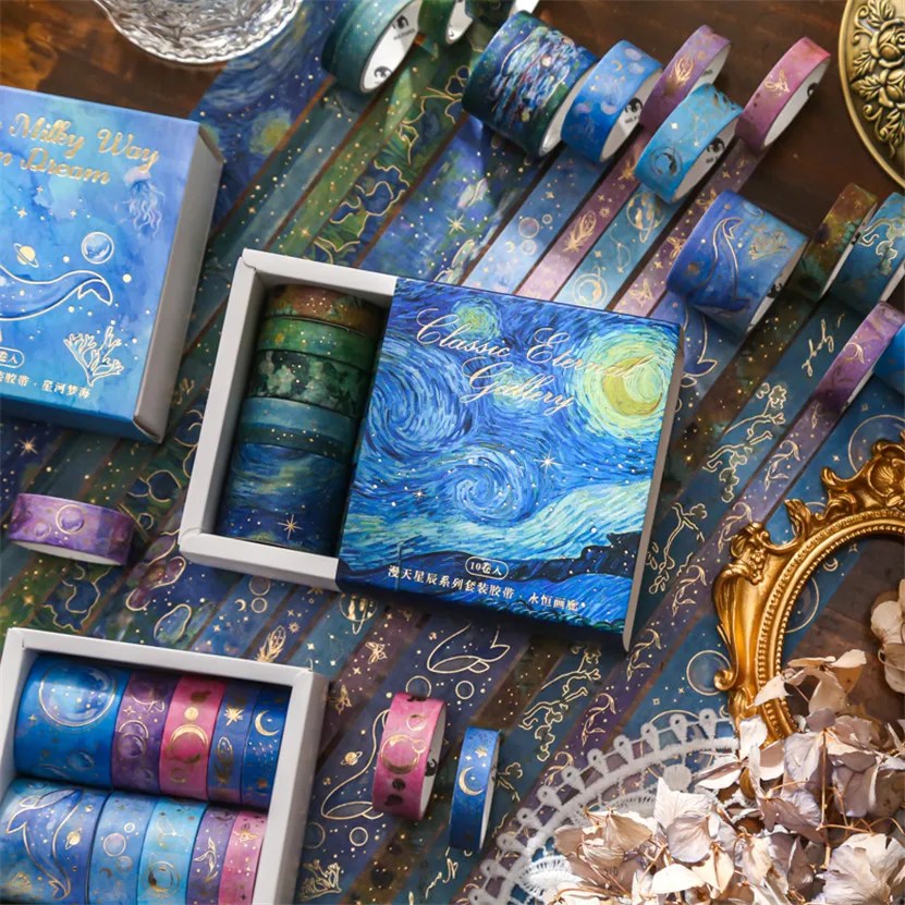 Washi bant 10 adet/takım kırtasiye malzemeleri çıkartmalar Washitapes yıldızlı gökyüzü malzeme altın yaprak günlüğü Vintage Scrapbooking Adesiva Sakura kağıt günlüğü dekorasyon çiçek çıkartmalar kırtasiye