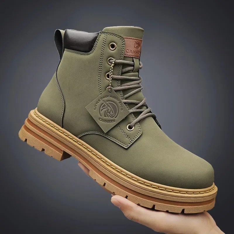 Yüksek üst erkekler çizmeler moda motosiklet yarım çizmeler erkekler için yeni yeşil erkek askeri postal kış dantel-up erkek ayakkabıları botaş adam