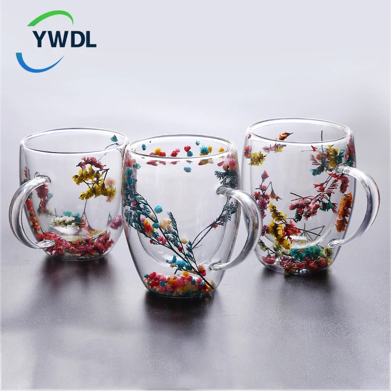 YWDL 1/2 adet dolgular kuru çiçekler çift duvarlı kupa bardak kolu ile isıya dayanıklı çay kahve fincanları Espresso süt kupa hediye