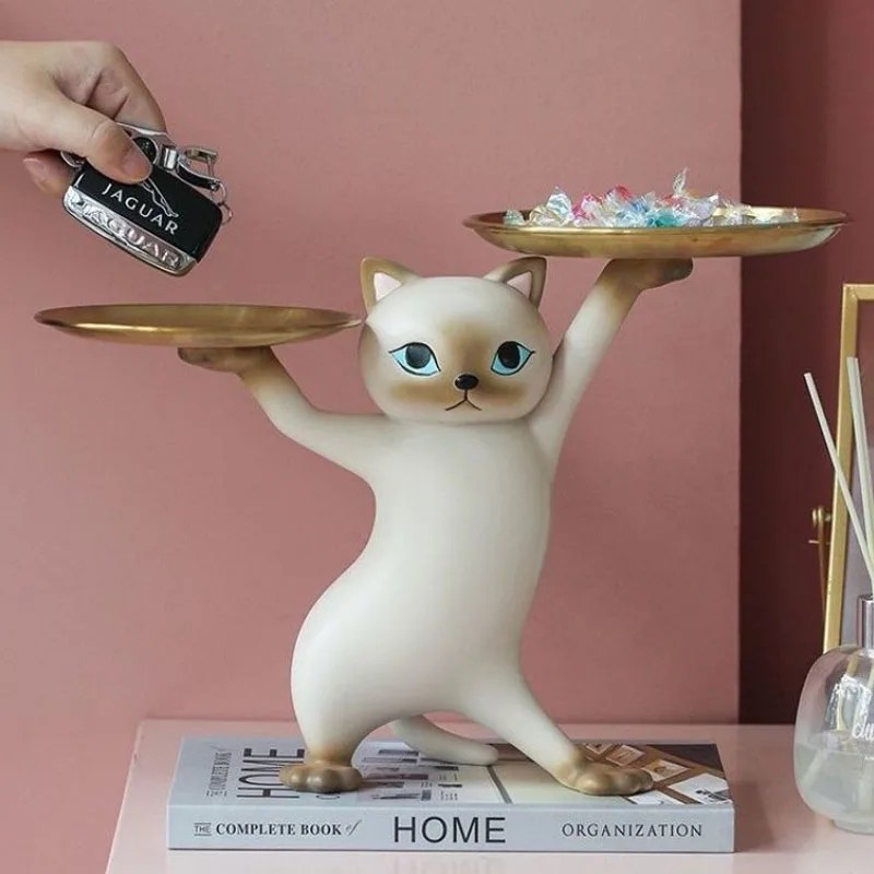 Yaratıcı kedi tepsi masaüstü şeker depolama tepsisi konteyner reçine figürinler iç giriş anahtar ev ofis masası dekor aksesuarla