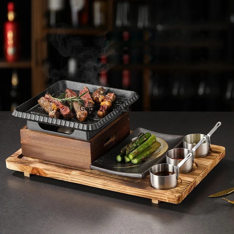 Yemek odası tek ve çift sofra dökme demir barbekü plaka kare alkol fırın pişirme tepsisi kore tarzı barbekü soba seti