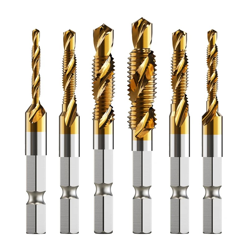 Yeni titanyum kaplama Hex Shank HSS vida dişi metrik dokunun matkap uçları vida makinesi bileşik M3 M4 M5 M6 M8 M10 el aletleri