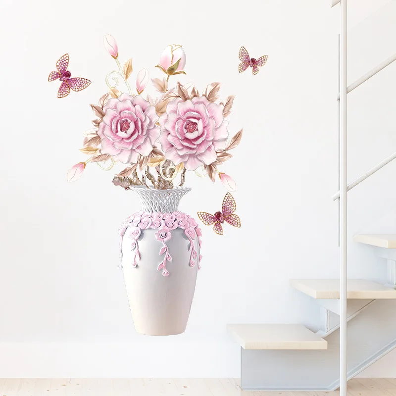 Şakayık çiçekleri vazo duvar çıkartmaları oturma odası yatak odası dekorasyon vinil 3D duvar kağıdı sundurma duvar dekor estetik posteri PVC çıkartmaları