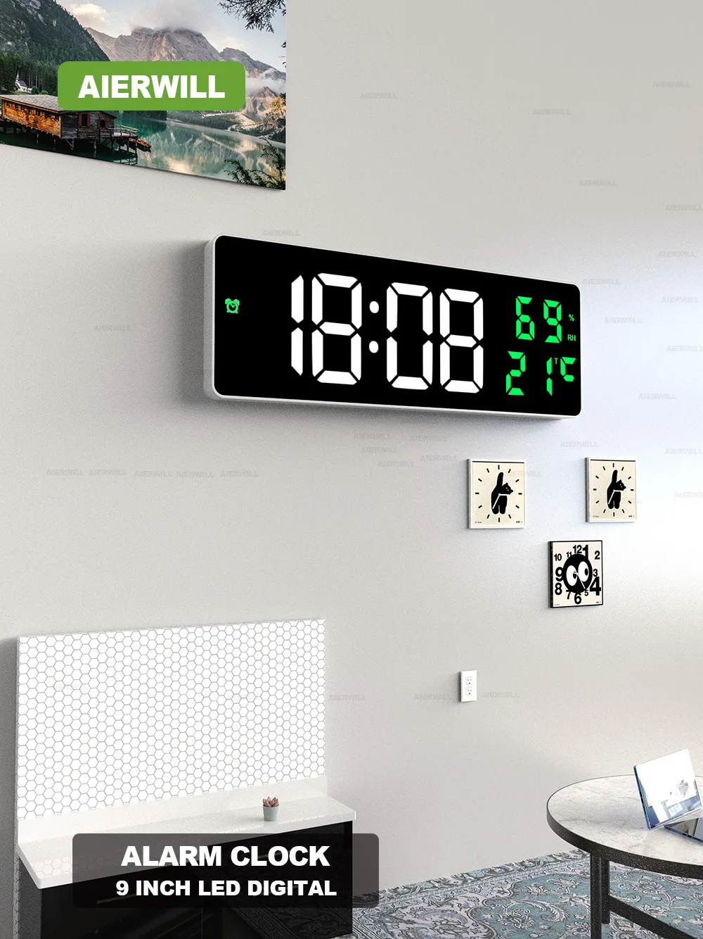 9 "dijital duvar saati büyük LED ekran sıcaklık nem göstergesi elektronik çalar saat ev dekorasyon 12/24H masa saati