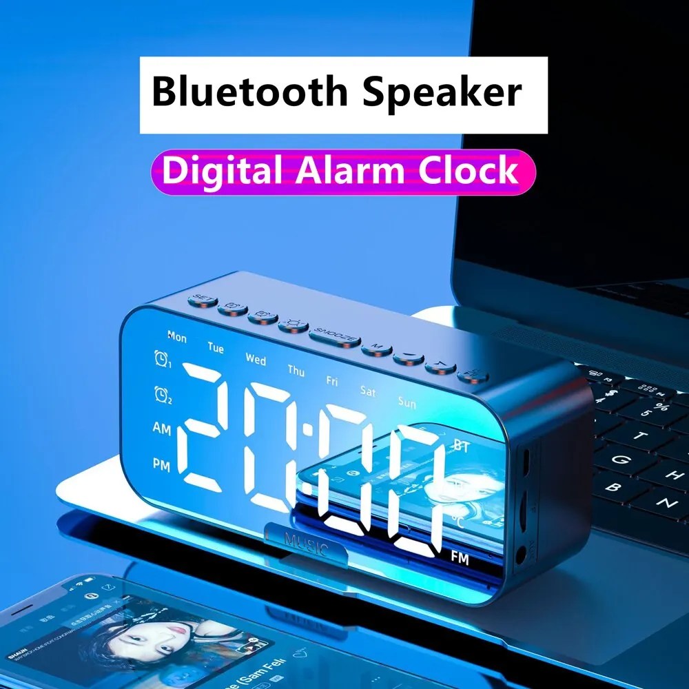 Bluetooth ile 1 adet LED dijital çalar saat, hoparlör ayna yatak odası ofis dekor masa ekran sıcaklık FM radyo