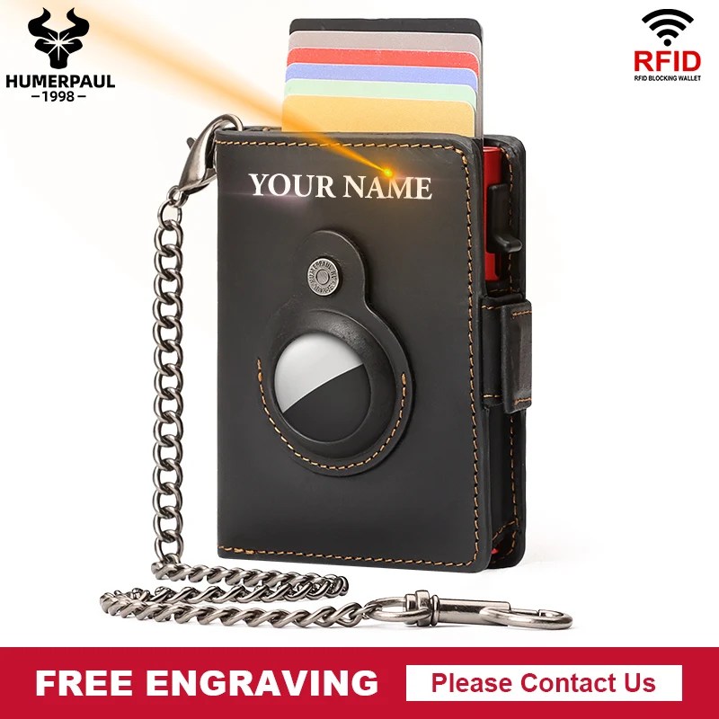 Ücretsiz gravür Pop-up kart tutucu hakiki deri cüzdan RFID engelleme Metal Cardholder bozuk para cüzdanı ile Apple AirTag durumda