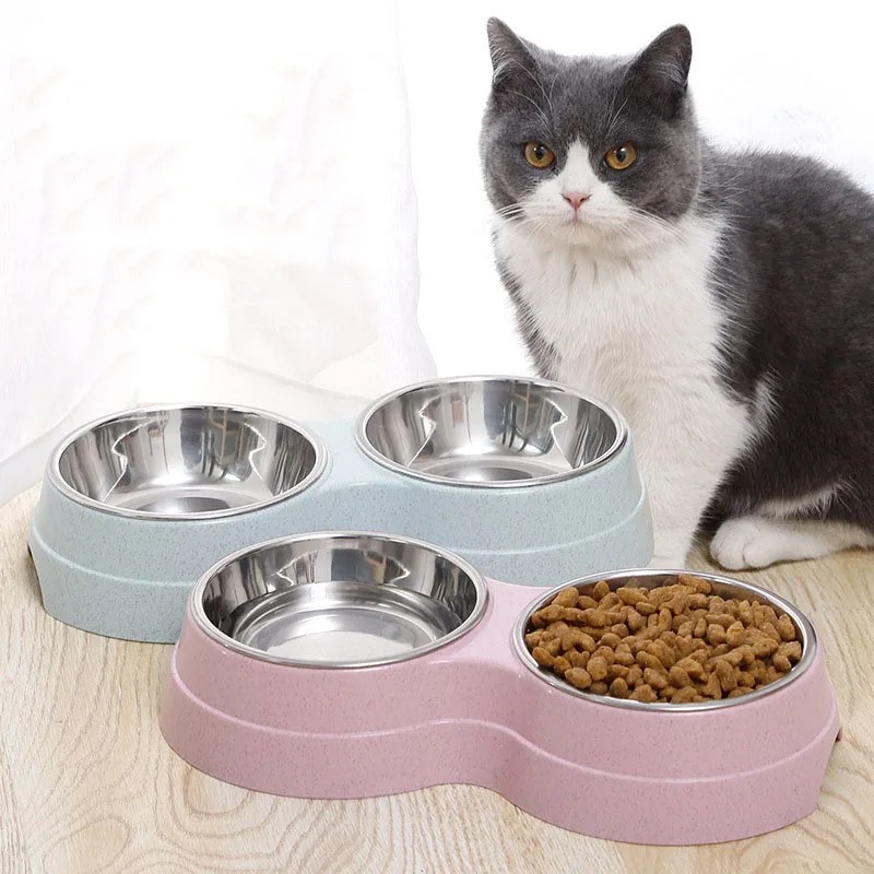 Çift köpek kedi kase no-kayma istasyonu ile yüksek kaliteli paslanmaz çelik Pet kedi kase besleyici köpekler kediler için yavru gıda su çanak tavşan