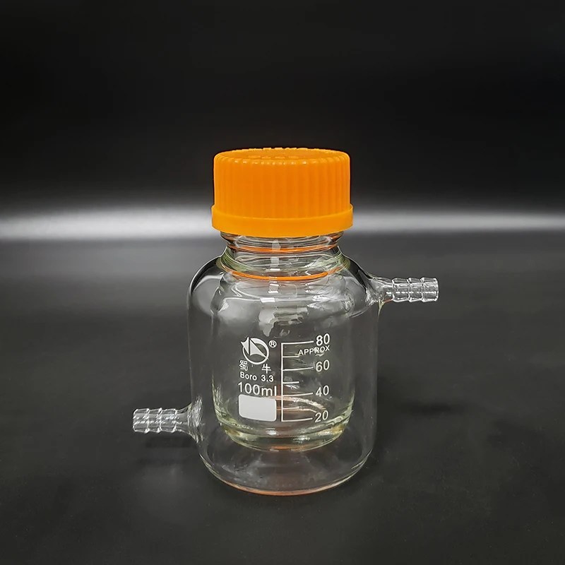 Çift katlı silindirik tek boyunlu düz tabanlı şişe, kapasiteli 100ml,GL45mm, asma kat ceketli reaktör şişe, reaktif şişesi