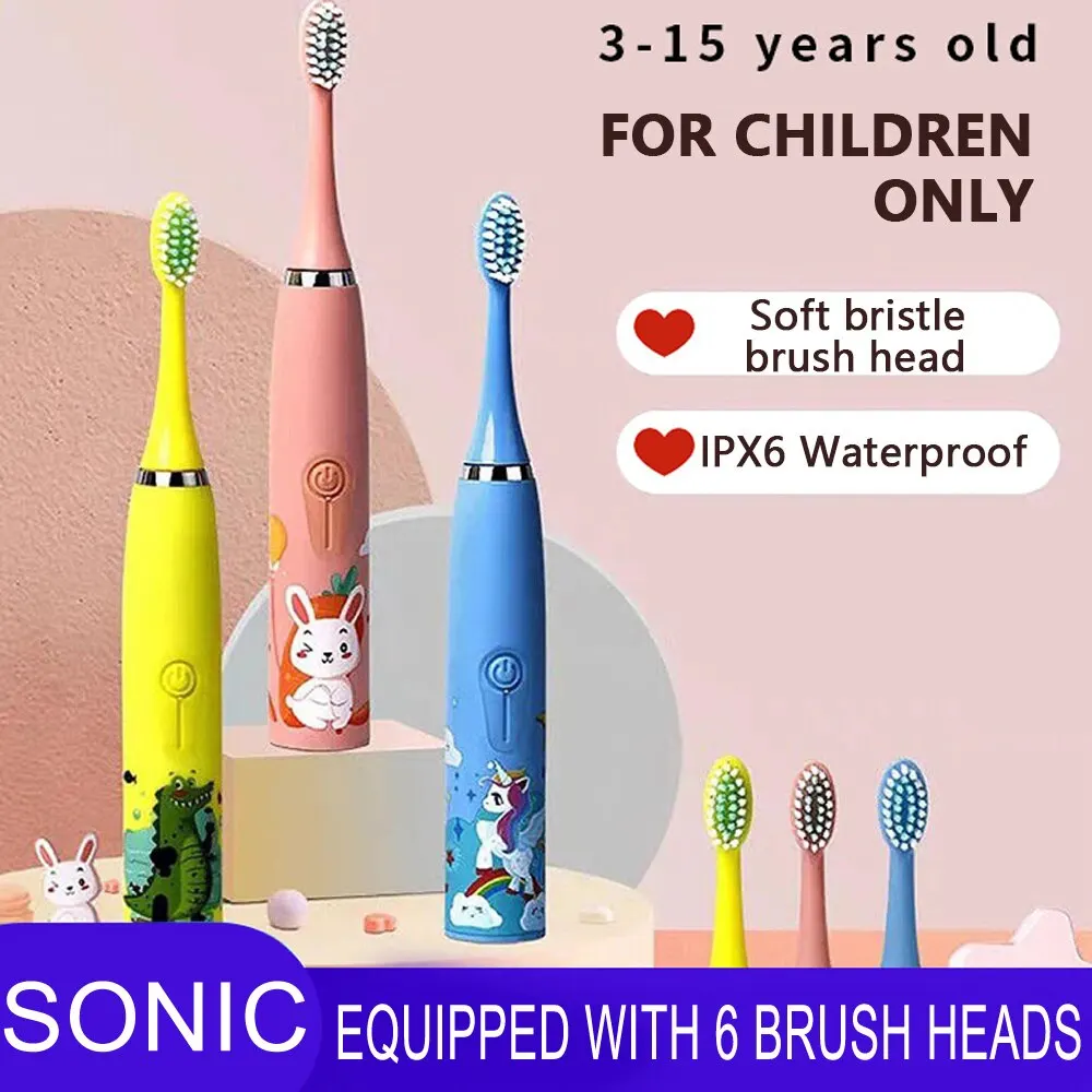 Çocuk elektrikli diş fırçası ile değiştirin fırça kafaları çocuklar karikatür diş fırçası ultrasonik Sonic elektrikli diş fırçası ile 6 kafa
