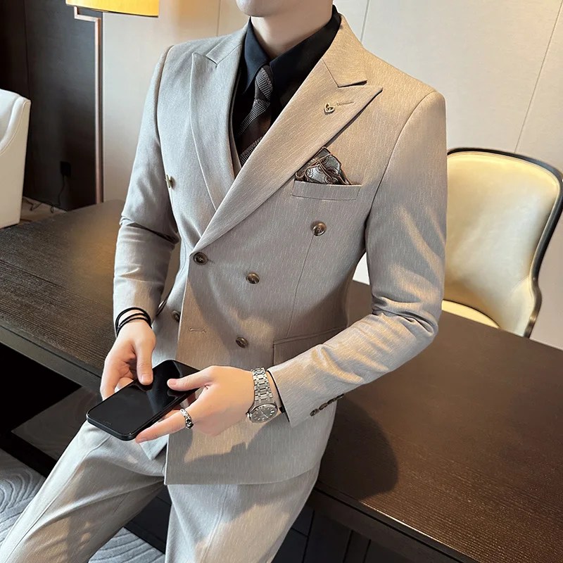 2023Men's High Sense (takım elbise + yelek + pantolon) çift göğüslü ağırlık 3/2 parça iş rahat damat düğün elbisesi düzenli