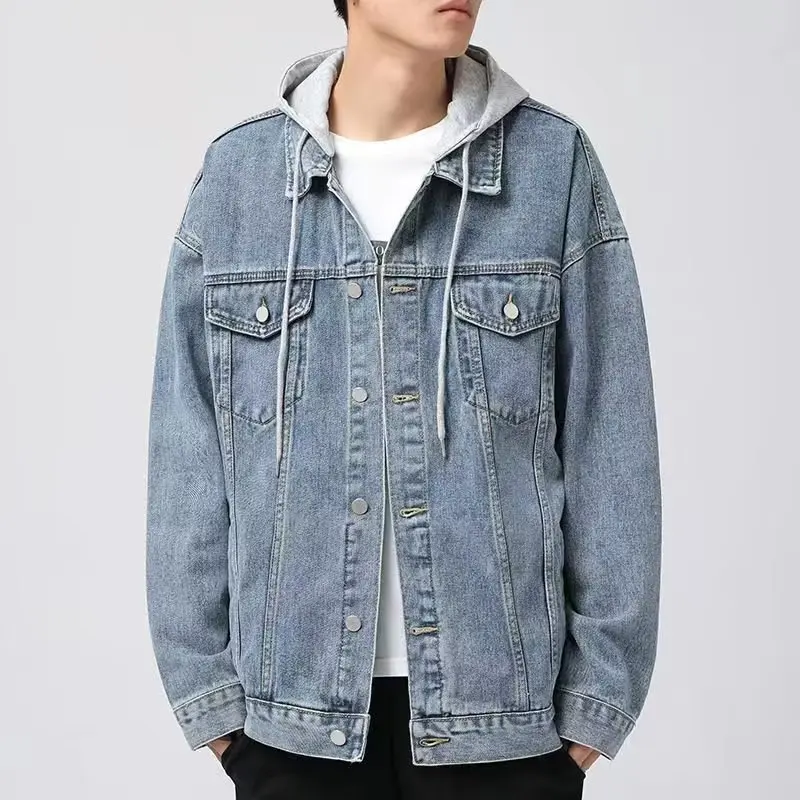 2024 erkek şapka ayrılabilir Denim ceket gençlik sonbahar gevşek kapşonlu basit düz renk rahat yakışıklı ceket