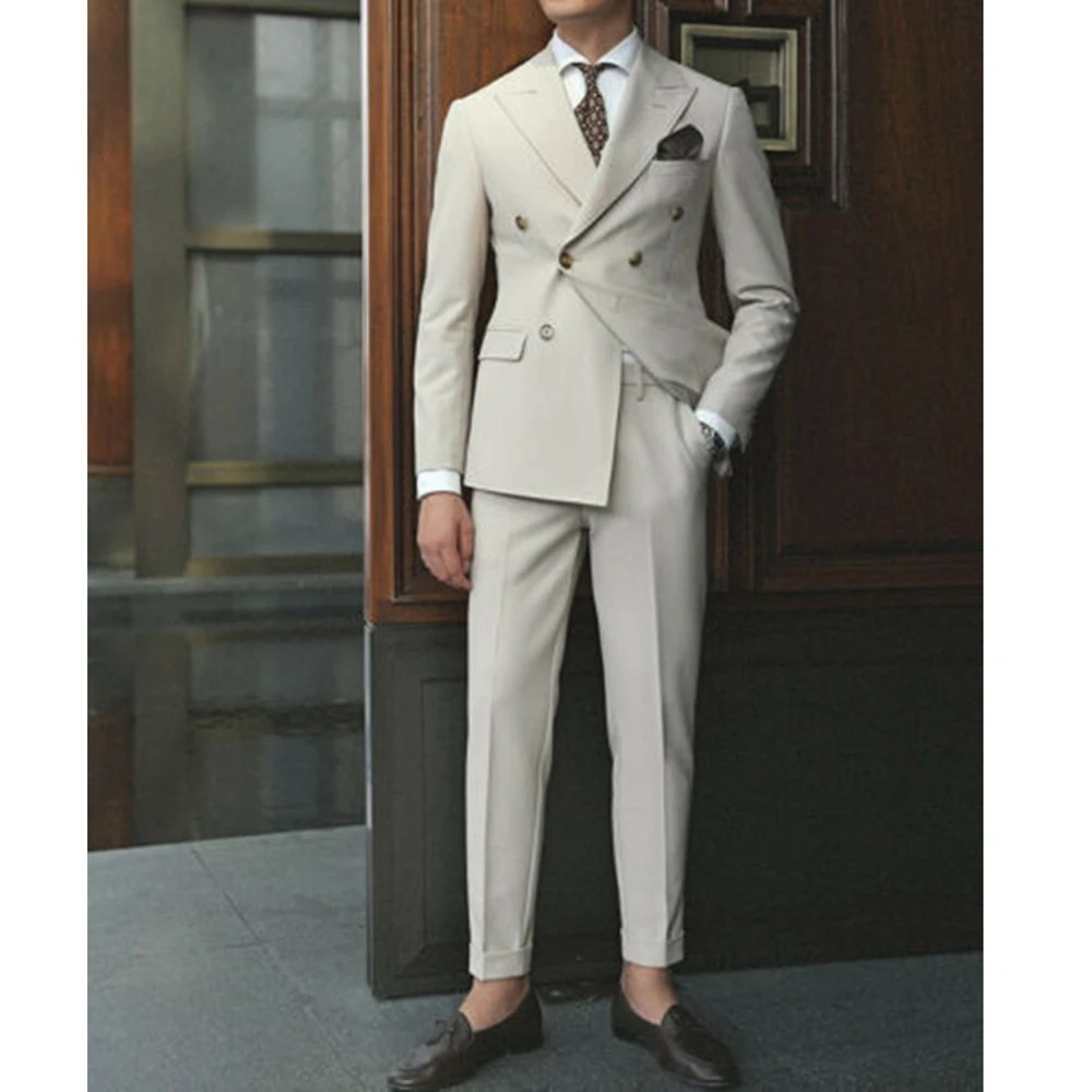 2024 erkek takım elbise çift göğüslü bej takım elbise adam tepe yaka Blazer ceket pantolon 2 parça resmi kostüm homme yakışıklı Suits