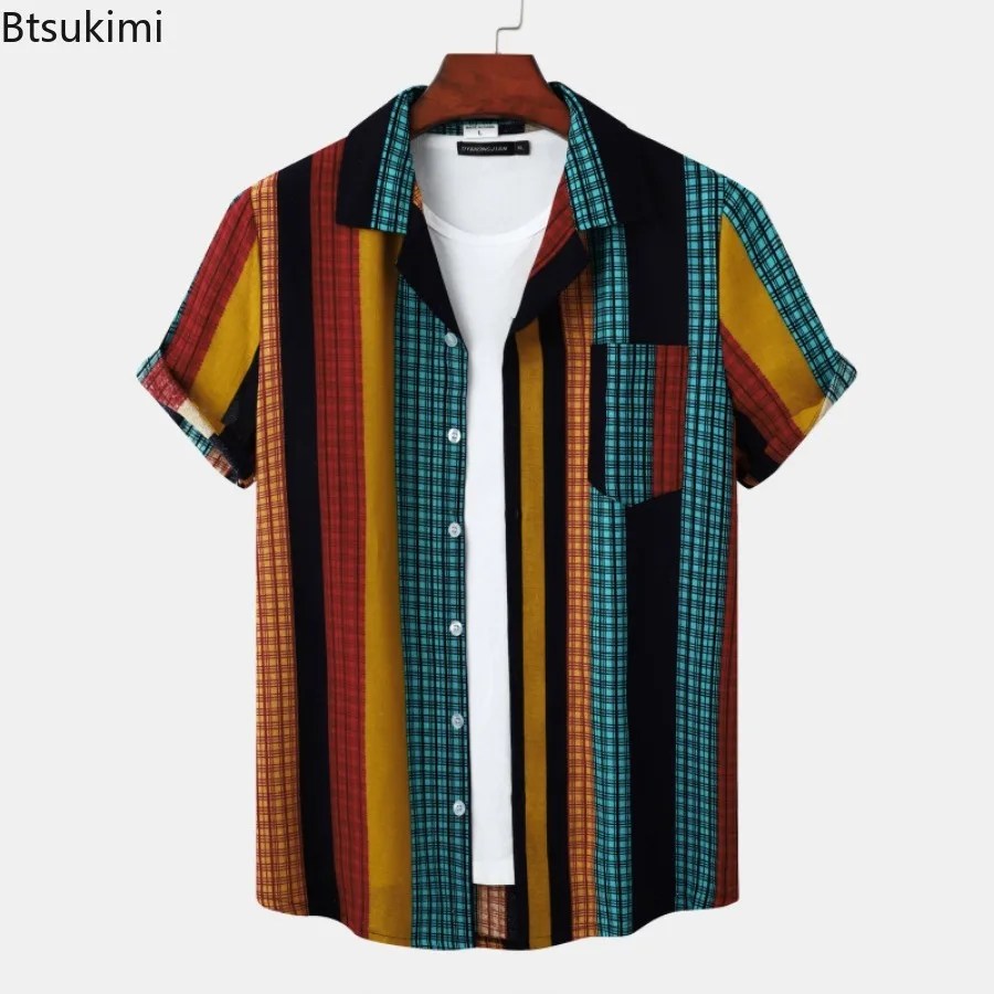 2024 erkek yaz kısa kollu plaj gömlek Casual pamuk keten gömlek moda çizgili yaka nefes erkek bluz gömlek Tops