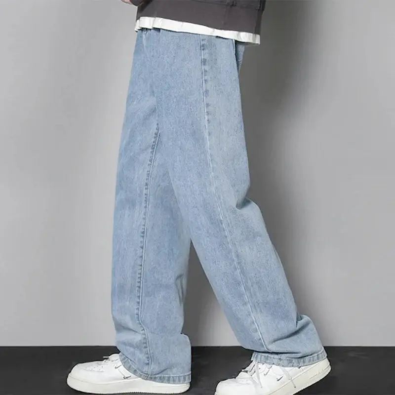 2024 ilkbahar ve sonbahar erkek yeni moda düz renk gevşek düz kot rahat yönlü sokak Hip-Hop Vintage geniş bacak pantolon