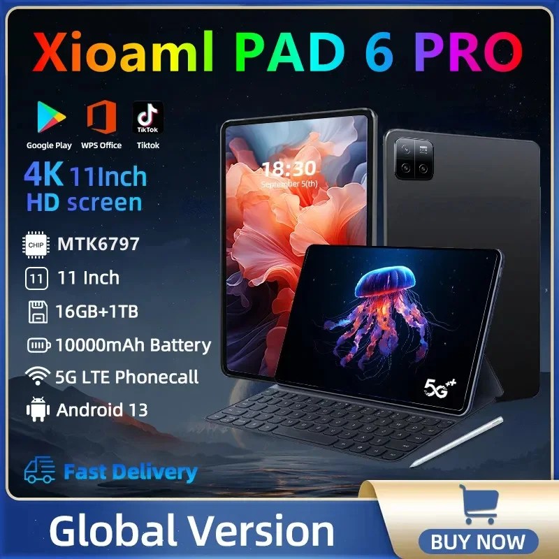 2024 küresel sürüm orijinal Pad 6 Pro tablet PC NTK6797 10000mAh Android 13 11 inç 16GB + 1024GB 5G HD 4K ekran WIFI Mi