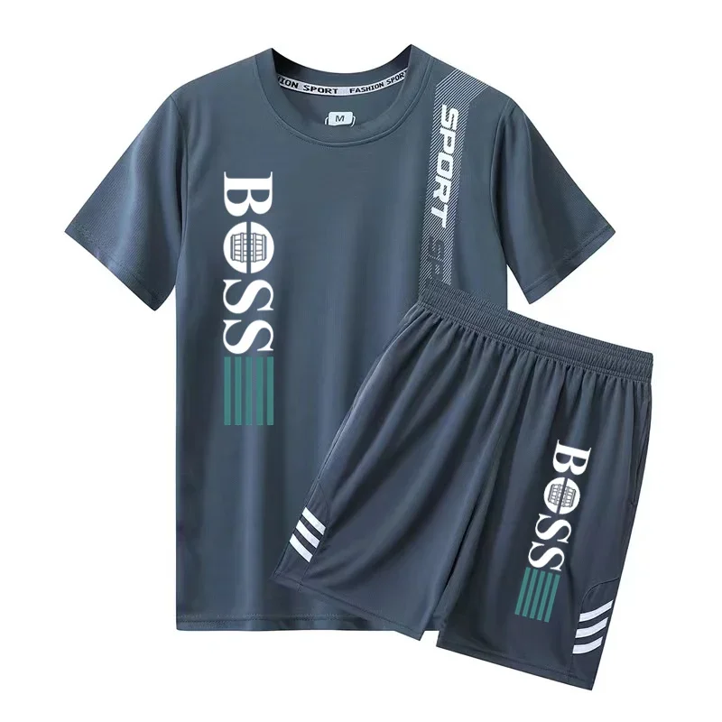 2024 moda yeni erkek spor giyim yaz Fitness giysileri erkek spor giyim kısa kollu T-shirt + şort çabuk kuruyan 2-piece Set