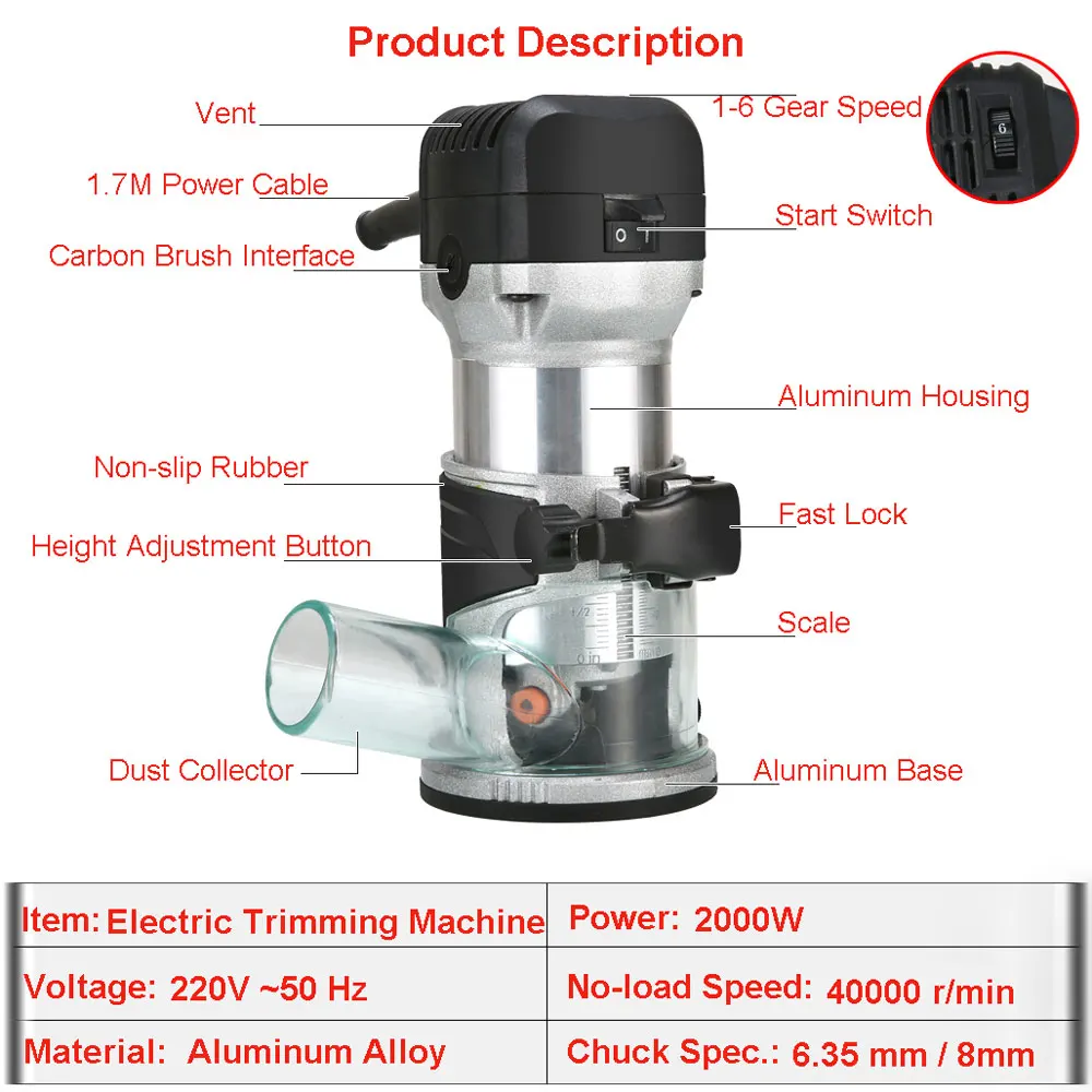 220V 2000W elektrikli düzeltici router6.35mm & 8mm ağaç İşleme ahşap freze gravür yerleştirme kırpma makinesi el oyma yönlendirici