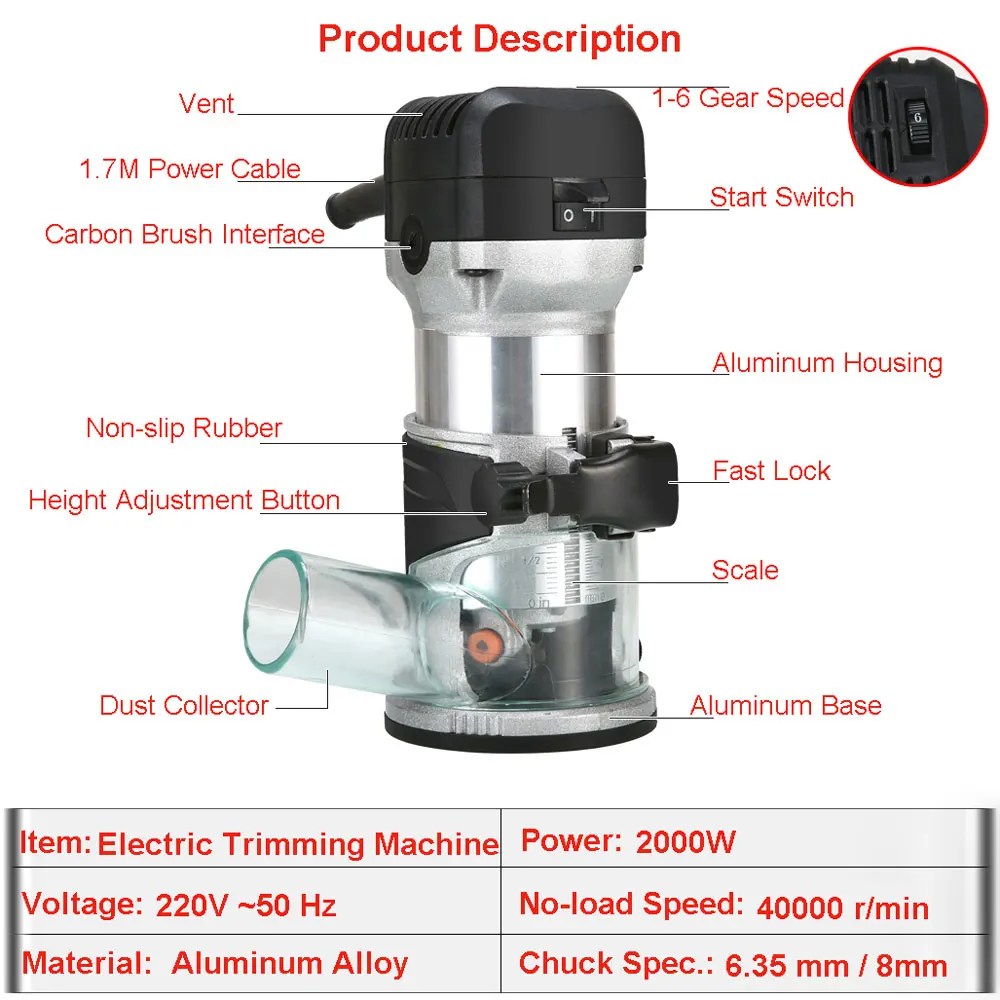 220V 2000W elektrikli düzeltici router6.35mm & 8mm ağaç İşleme ahşap freze gravür yerleştirme kırpma makinesi el oyma yönlendirici - Görsel 5