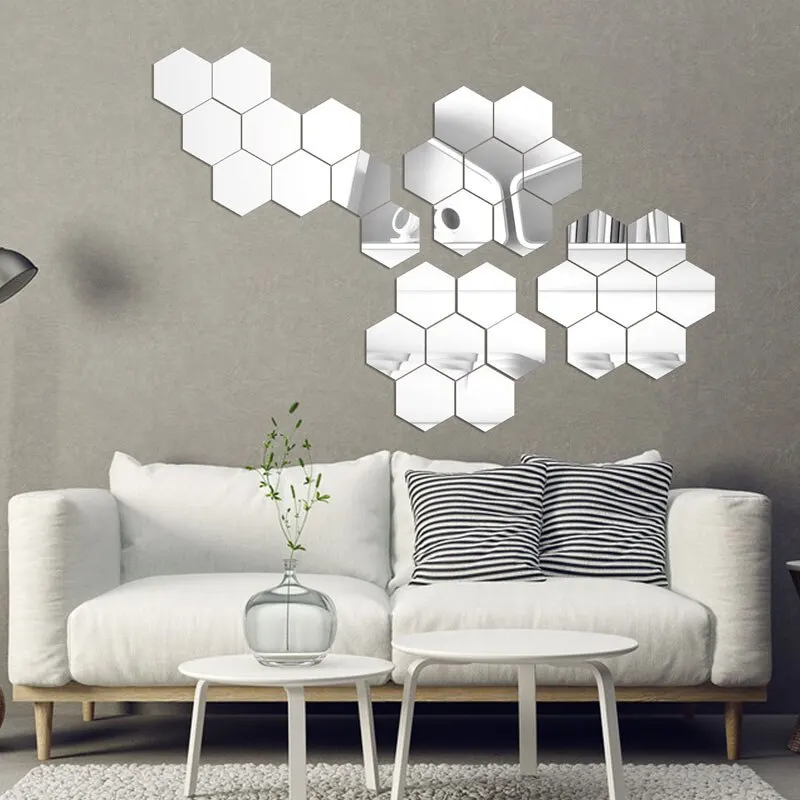 24 adet/takım 3D akrilik DIY kendinden yapışkanlı dekoratif çıkartma altıgen geometrik ayna duvar yapıştırılan altıgen