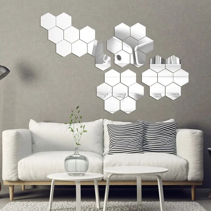 24 adet/takım 3D akrilik DIY kendinden yapışkanlı dekoratif çıkartma altıgen geometrik ayna duvar yapıştırılan altıgen - Görsel 4