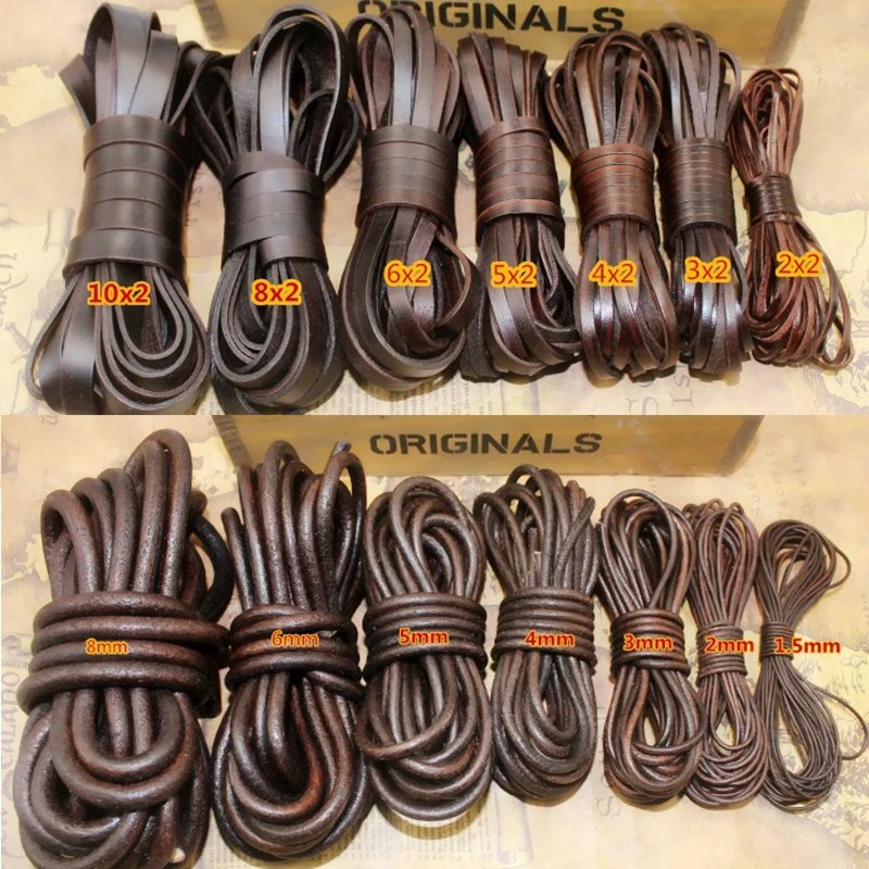 2M Retro kahverengi gerçek hakiki deri kordon yuvarlak düz ip halat DIY kolye bilezik takı kordon 1.5mm 2mm 3 4 5 6 8 10mm