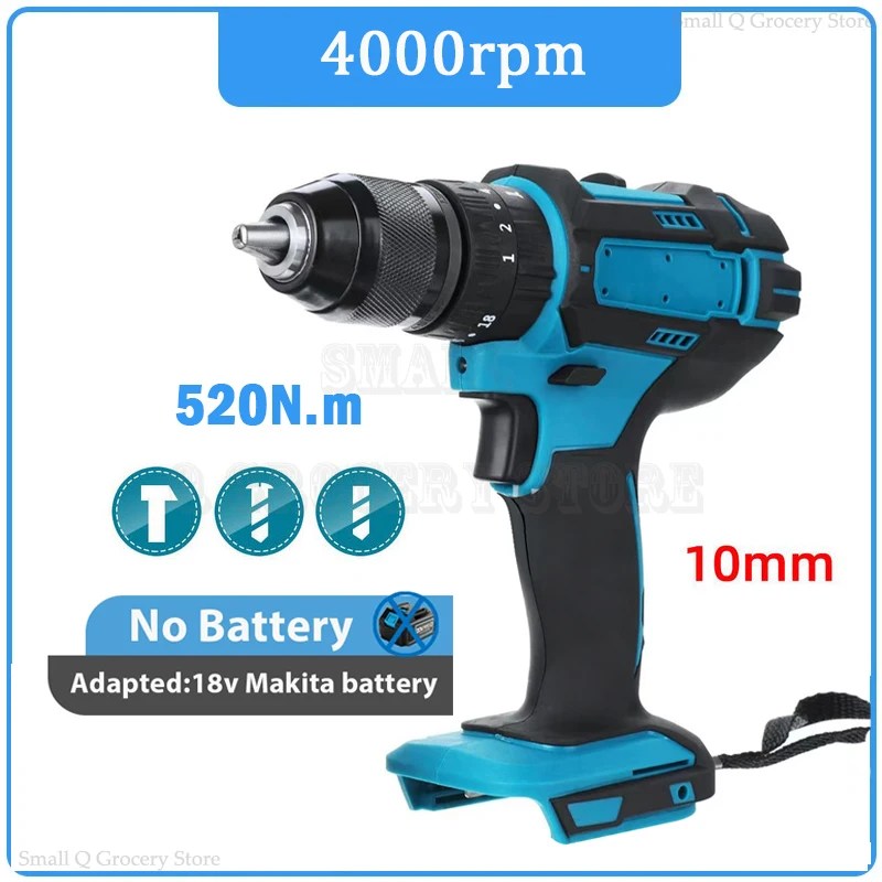 3 IN 1 4000rpm 520makita tork elektrikli darbeli matkap 10mm Chuck düz matkap çekiç elektrikli tornavida Makita 18V pil için