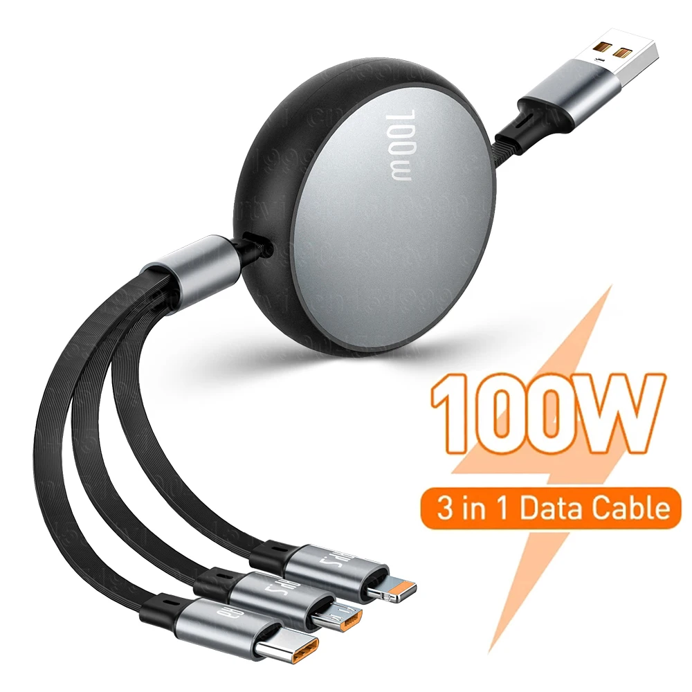 3 In 1 USB C kablo iPhone 14 13 12Pro Max Samsung geri çekilebilir hızlı şarj kablosu Huawei veri kablosu için 100W USB tip-c kablo