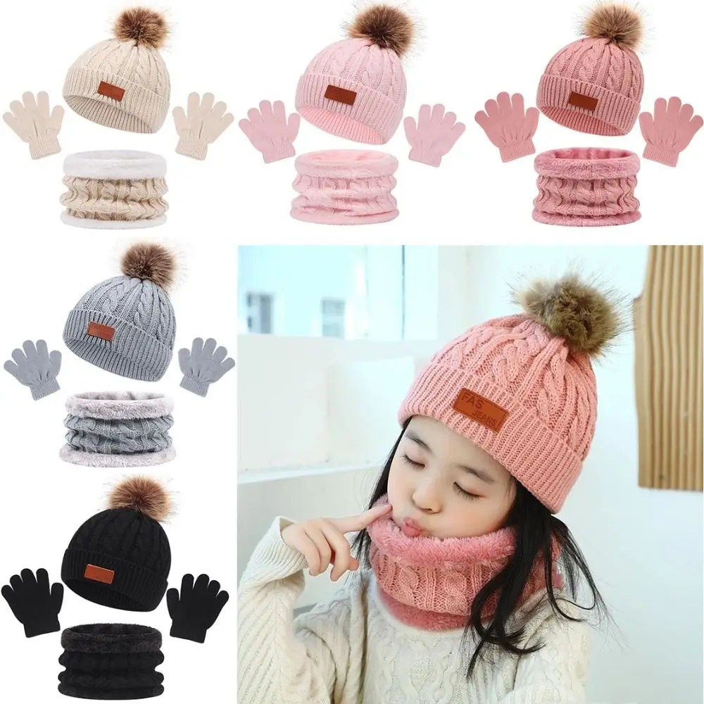 3 adet düz renk çocuklar bere şapka eşarp sevimli 1-5Y ponpon boyun isıtıcı örgü şapkalar kış bebek şapka eşarp eldiven Set yürümeye başlayan