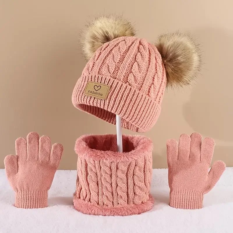 3 adet kış bebek şapka eşarp eldiven Set yürümeye başlayan bebek aksesuarları düz renk kaput sevimli ponpon örgü şapkalar açık sıcak 1-5 yıl