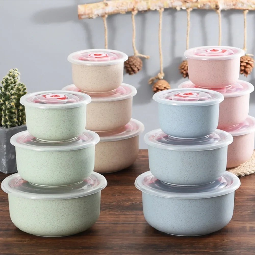 3 adet/takım buğday samanı taze tutma kase hava geçirmez gıda saklama kapları ev kullanımı için microwahousehold plastik yuvarlak Bento kutusu
