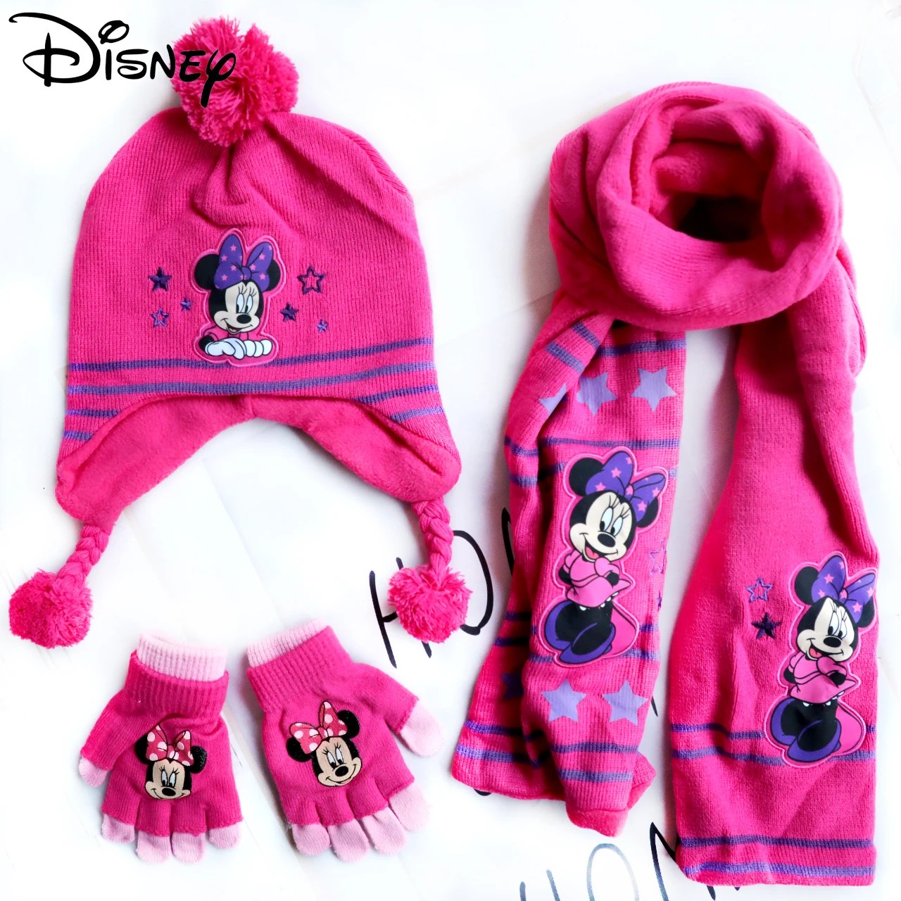 3 adet/takım yeni sonbahar ve kış sevimli çocuk Minnie karikatür eldiven eşarp şapka sıcaklık erkek kız çocuk noel bebek şapka 3-8 yıl