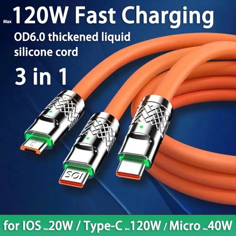 3 in 1 120W 6A hızlı şarj tipi C kablo mikro USB iPhone için şarj kablosu Samsung Huawei Xiaomi telefon şarj USB kablosu