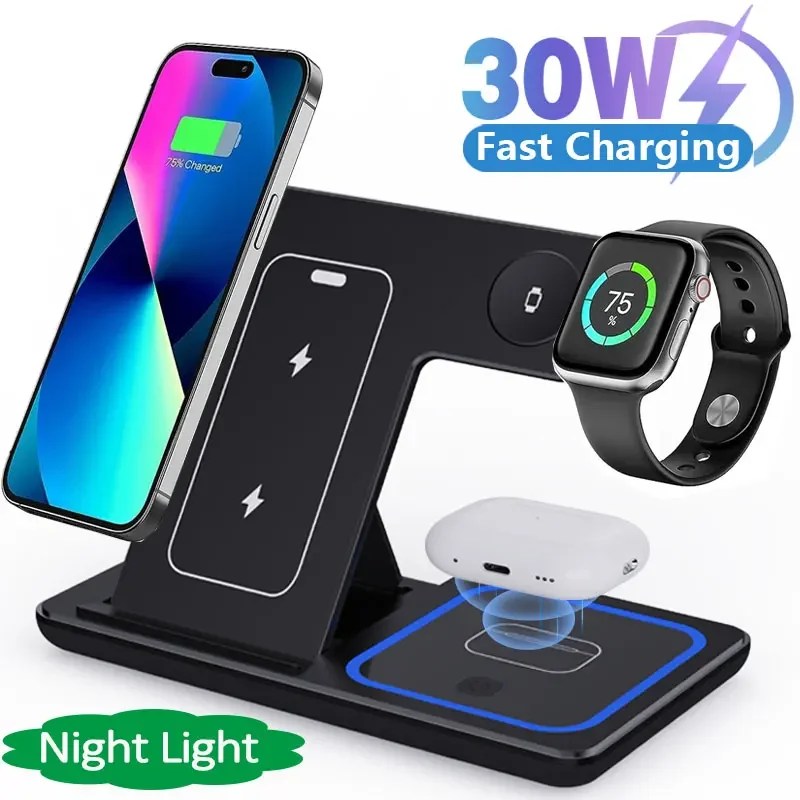 30W 3 in 1 kablosuz şarj standı katlanabilir şarj istasyonu iPhone 15 14 13 12 11 Apple izle 9 8 7 6 5 Airpods Pro